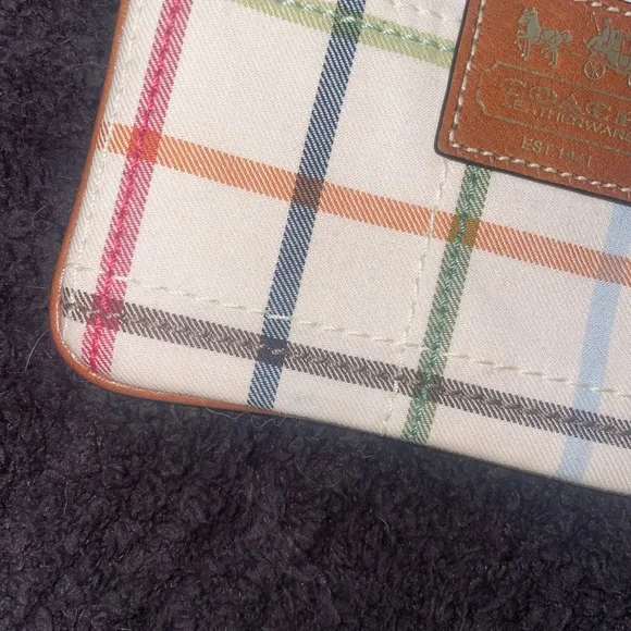 Coach Tattersall Canvas Wristlet in Multi-Color with Brown Leather Trim - Picture 2 of 8